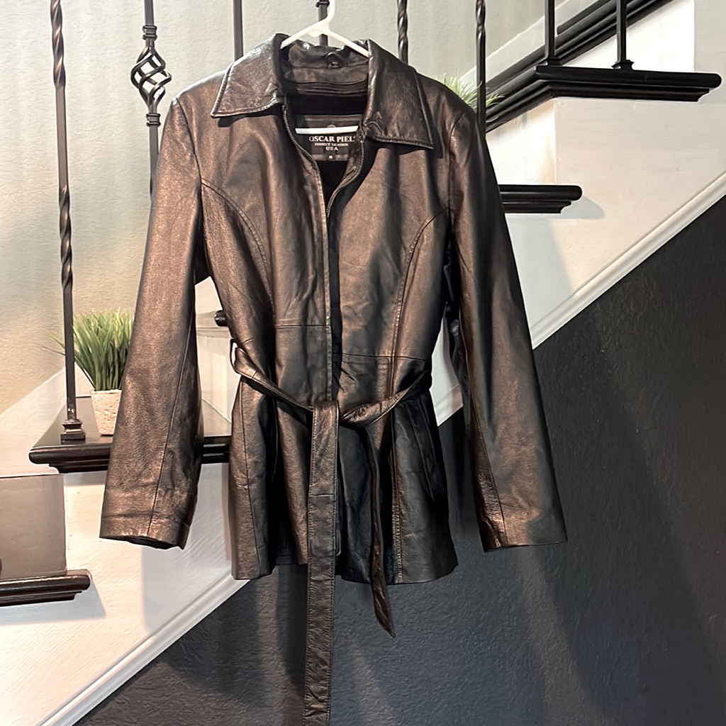 Oscar Piel Perfect Leather Usa Belted Zippered Black Leather Jacket Coat Medium
